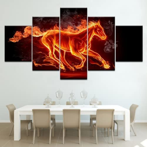 Leinwandbild Wandbild Bild 5-Tlg Abstraktes Feuerpferd Flammentier 200 X 100 Cm / 78,74 X 39,37 Zoll Leinwanddrucke Kunstdrucke Dekor Kunstwerke Moderne Bilder Für Heimdekorationen Wohnzimm -3U6M-D3V9