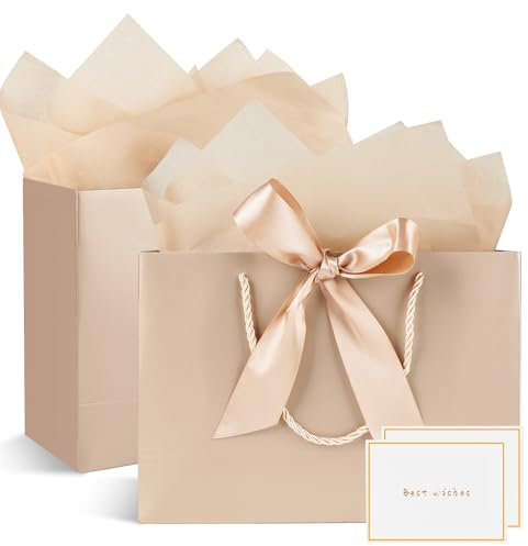 Lot de 2 sacs cadeaux moyens avec 2 enveloppes et 2 cartes, sacs cadeaux en papier avec poignées pour femmes, hommes, anniversaires, mariages, fêtes, Noël, 20 x 10 x 28 cm