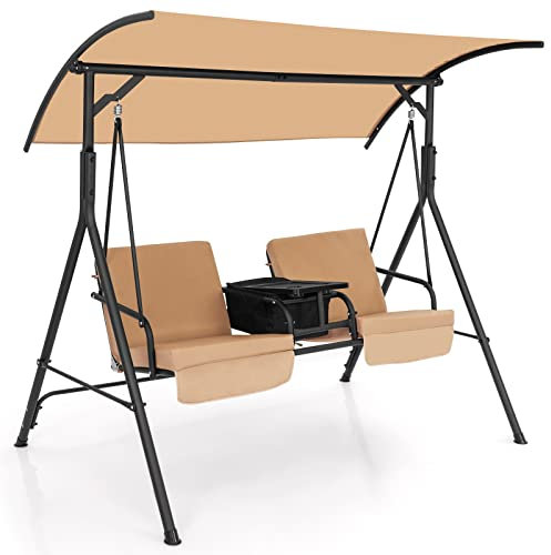 DREAMADE 2 sitzer Hollywoodschaukel mit 23L Kühltasche, Gartenschaukel Metall Gartenstuhl Schaukelbank mit verstellbarem Sonnendach und Kissen für Hinterhof Garten Terrasse (Braun)