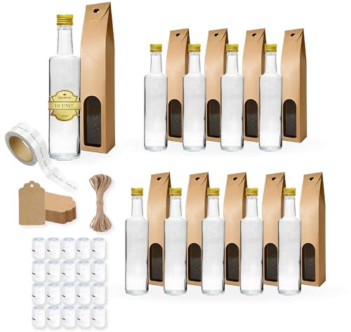 10x Bouteilles en Verre 500ml avec Bouchon à Vis Doré + 10 Boîtes + 10 Sceaux + 10 Étiquettes Autocollantes + 10 Étiquettes Kraft + Ficelle - Huile d'Olive, Rhum, Whiskey, Gin, Tequila, Liqueurs