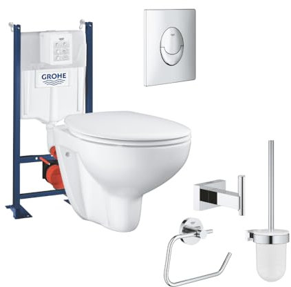 WC suspendu sans bride + abattant + Bâti support + SPlaque commande chromé+ Accessoires salle de bain