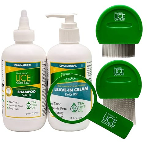 NatulabUSA Lice Combat Treatment Kit | Shampoo, Leave-in Cream, Two Combs and Magnifying Glass | Manages Super Lice & Nits | Repels & Prevents | Pesticide Free | 100% Natural Essential Oils