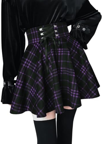 Minetom Damen Rock Gothic Lolita A-Linie Hoch Taille Plissee Plaid Flare Mini Schul Anime Rot EU 36-46