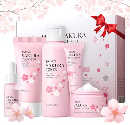 5 Pièces Cherry Blossom Ensemble Soin du Visage, Skincare Set pour Ado Fille avec Nettoyant, Tonique, Crème Hydratante, Sérum, Soin Nourrissant Yeux, Cadeau de Fête des Mères pour Femmes