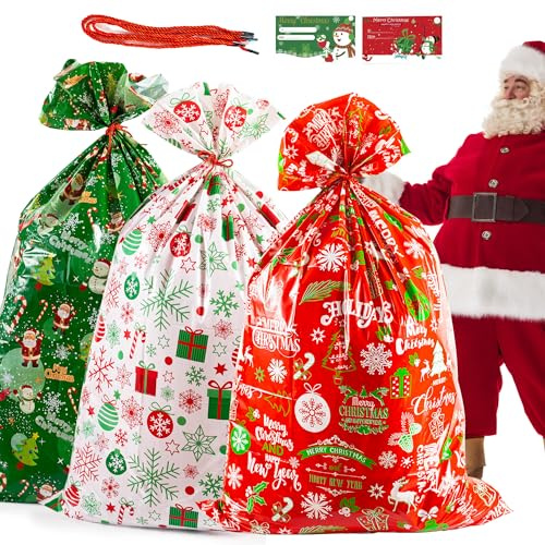 3 Stück Extra Große Geschenktüten Weihnachten, Folien Weihnachtstüten Zum Befüllen Groß XXl Geschenkbeutel Wiederverwendbare (91x142 cm) Weihnachtssäcke für Weihnachtsfeiern (Rot/Grün/Weiß)