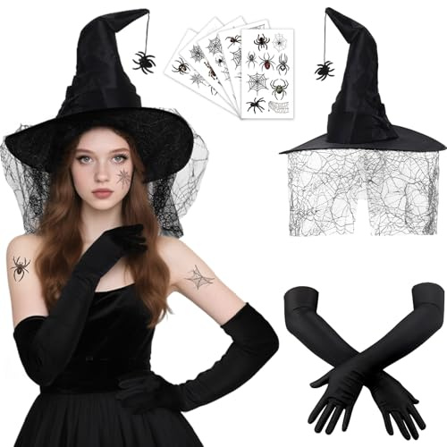 Chapeau de sorcière noir pour femme avec ensemble d'accessoires de sorcièrer, voile, chapeau sorcière avec pendentif araignée, gants longs et tatouage araignée, costume d'Halloween, fête, théâtre