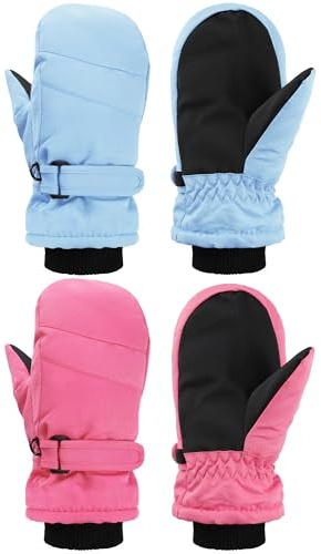 SATINIOR 2 Pairs Kids Snow Mittens Waterproof Winter Ski Gloves Warm Thicken Snow Gloves for Girls Boys(Pink,Light Pink,5-8 Years)