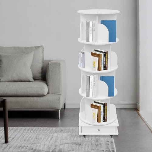 Hanmorfarbi 360° Drehbares BüCherregal, 4-Stufiges BüCherregal + 1-Stufige Kommode Bodenregale, Wohnzimmer Student Illustrierte Buchaufbewahrung, Schlafzimmer Mehrstufiges BüCherregal. (Weiß)