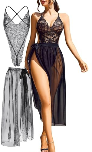 Femmes Robe Sexy Paréo avec Bodysuyit Élégant Couverture Plage+Body Dentelle Jupe Sarong Long Transparent Châle en Mousseline Soie (FR/ES, Alpha/Lettres, TG, Taille Normale, Taille Normale, Noir)