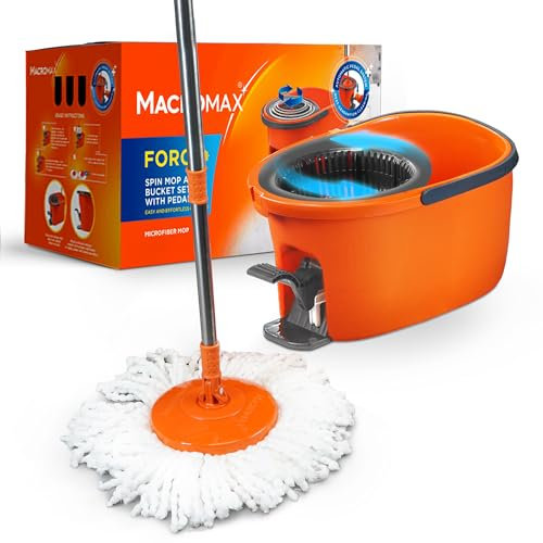 Macromax - Set mocio rotante e secchio da 10 l, con manico regolabile, design ecologico con materiali riciclabili al 90%, ideale per la pulizia di pavimenti in legno, laminato e piastrelle