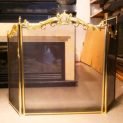 KHYTEBV Robuster Weihnachts-Kaminschutz, Metallgeflecht-Kaminschutz, 3-teiliger Kaminschutz, Funkenschutz mit feinem Gitter – Gold,