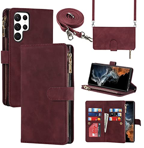 CAVOR Handykette Handyhülle Kompatibel mit Samsung Galaxy S22 Ultra Hülle Mit Band,Flip Leder Geldbörse Handytasche,[9 Kartenfach][Mit Kette],Umhängeband Klapphülle - Rot