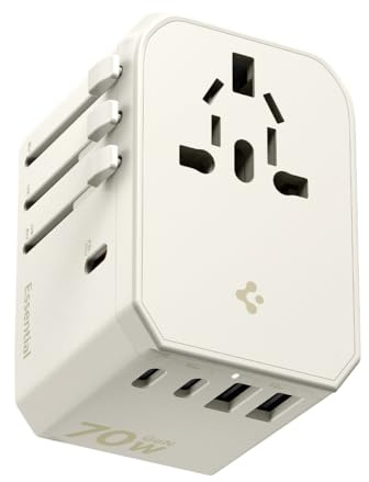 Spigen ArcStation Essential Universal Plug Adapter 70W, Reseadapter med 3 USB-C PD och 2 USB-A, Universal för US/AU EU UK 200+ länder för telefoner, surfplattor och mer - Beige