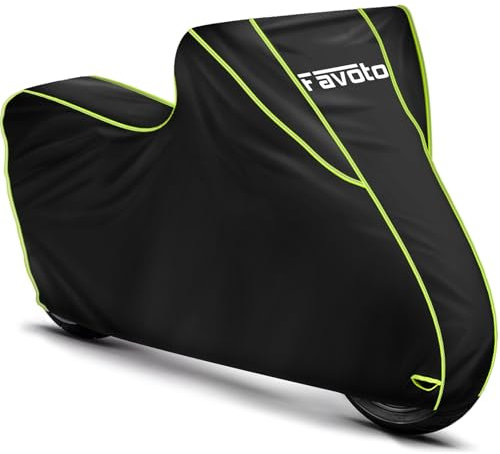 Favoto Waterproof Motorcycle Cover 300D Oxford, Outdoor All Season Protection with Lock-Holes, Night Reflective Strips and Storage Bag, Fits Motorbikes up to 104 inch / 265 cm, Green