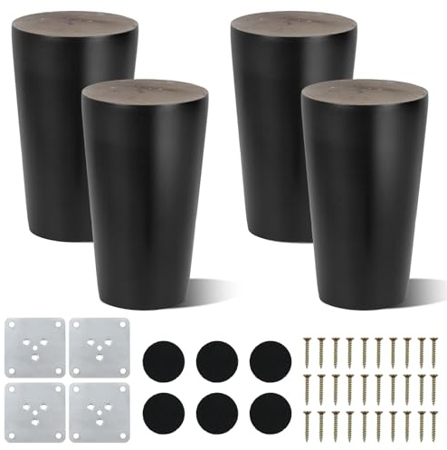AWBEOT 4 Pcs Piedini per Mobili in Legno 8 cm Conico Gambe per Mobili in Legno Massello Piedini di Ricambio per Divano Letto Armadio Tavolo Sedia Rotondi con Piastra di Montaggio,Pad Antiscivolo,Viti