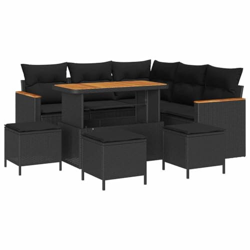 vidaXL Trädgårdsoffset 9 pcs Svart konstrotting, Trädgård och Terrass, Modernt Utemöbelset, Rattansoffor, Akaciabord, Avtagbara Kuddar, Soffa för Uteplats