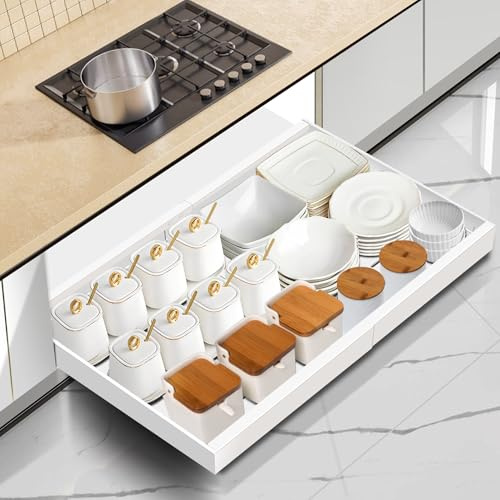 Mimoke Erweiterbarer Ausziehbarer Schrank Organizer, Küchen Teleskopschublade mit Kleber, Aufbewahrung Schubladen Organizer für Küche/Bad (Weiß, Breite 31–52 cm, Tiefe 42 cm)