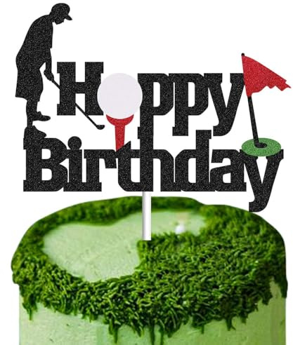 Golf Cake Toppers, Golf Cake Decorations, Black Glitter Happy Birthday Golf Cake Topper for Men Sport Theme Birthday Party Decorations