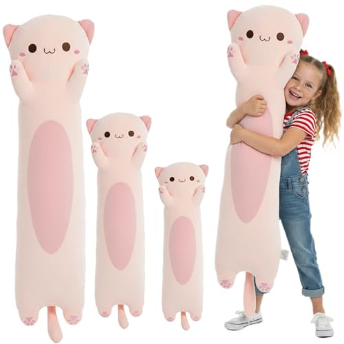 Kekeso Lange Katze Kuscheltier - Weiches Katzenkissen Stofftier für Kinder & Erwachsene, Süße Kawaii Katzen Plüschtier körperkissen (Rosa, Runde Augen, 110cm/43.31inch)
