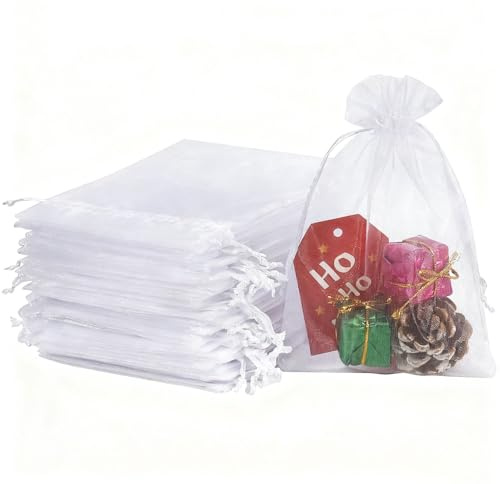 Dreamil 100 Stück Weiß Organzasäckchen mit Kordelzug 10x15cm, Geschenk Säckchen Beutel Geschenktüten Schmuckbeutel Lavendelsäckchen Organzabeutel für Hochzeit Geburtstag Weihnachten Bonbonsbeutel