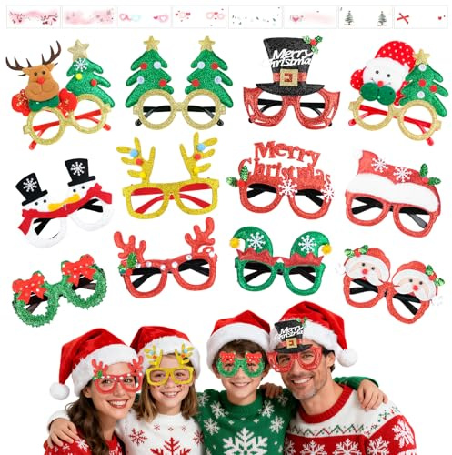 Ruryxel 12 Stück Weihnachtsbrillen und 8 Stück Temporärtattoos, Weihnachtsfoto Requisiten, Kreative Weihnachtsdekorationen, Weihnacht Partybrille für Kinder, Jugendliche, Erwachsene