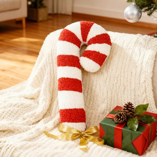 Weihnachtsdeko Zuckerstangen Kissen, Weihnachtskissen Zuckerstangen Deko, Zierkissen Weihnachten Dekoration, Weihnachts Deko Plüsch Dekokissen, Plüschkissen für Wohnzimmer Schlafzimmer Sofa (35cm)