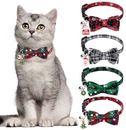 DTYDECLE 4 Stück Weihnachten Katze Halsband Verstellbar, Weich Weihnachten Schneeflocken Plaid Fliege Kragen Katzen Halsband mit Glöckchen und Sicherheit Schnellverschluss für Xmas Kostüm von Kätzen