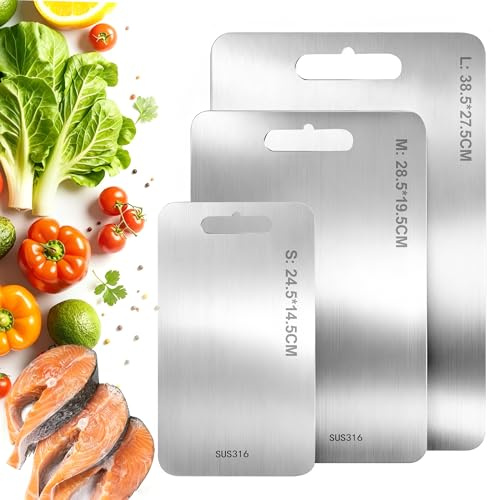 Lot de 3 Planches à Découper en Titane - 100% Titane Pur, Antibactérien & Compatible Lave-Vaisselle - Planche de Cuisine qui N'abîme pas les Couteaux - Alternative Hygiénique au Bois & Inox