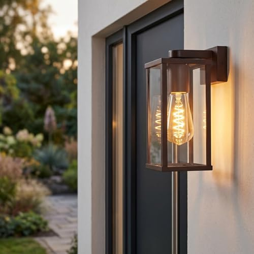 HOFSTEIN Außenwandleuchte Tourega, Außenwandlampe aus Metall/Glas in Rostfarben/Braun/Klar, Wandleuchte abwärts außen im Retro/Vintage-Design mit Lichteffekt, E27, IP44, Hof, Außenbereich, Haustür
