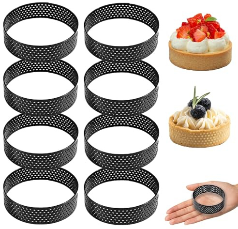 CAAGGMM Mousse Tartelettformar, 8 stycken 6 cm rostfritt stål bakringar dessertringar med hål, cirkelring kakor, små runda tårtringar, för tårtor, kakor, kex, svart