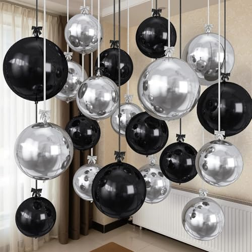 Palloncini Argento e Nero Metallizzati,16 PCS Palloncini Metallici Argento,Palloncini Metallici a Specchio Grande 4D,Palloncini Elio Metallizzati per Anniversario Nozze Compleanno Laureato Decorazioni