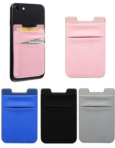 KRVNTH Porte-Cartes Téléphone Adhésif Élastique Lot de 4 Universel pour Cartes Bancaires, CNI & Espèces. Fixation sécurisée sur Smartphone et Coque (Noir, Gris, Bleu, Rose)