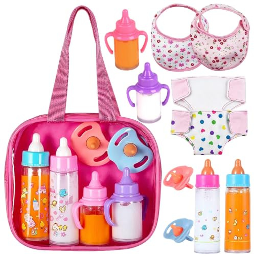 Zogxyc 10 Pcs Baby Doll Accessories Set, Baby Accessories for Dolls | Baby Doll Feeding and Caring Toys Set with Magic Milk Bottle, Dummy, Changing Bag, Bib, Handbag, for Realistic Role Play