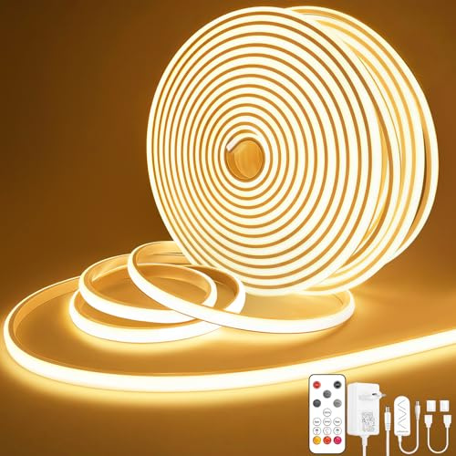 Lamomo COB LED Streifen 20m, Warmweiss Dimmbar Leiste mit Fernbedienung | Selbstklebende Neon Strip, Wasserdicht Flexibel Silikon, Schnellverbindung, 3000K, 2 Rollen für Schlafzimmer, Küche, CRI 90+