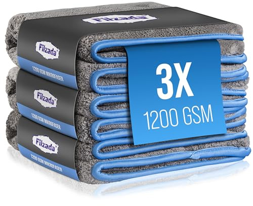 3 chiffons professionnels Filzada - En microfibres : 1 200 grammes/cm - Très absorbant, sans risque pour la carrosserie - Idéal pour le nettoyage des voitures et motos - 42 x 48 cm