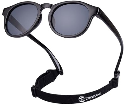 COCOSAND Baby Toddler Round Polarized Sunglasses with Adjustable Strap Flexible for Infant Boys Girls Age 0-2 Years Old, Black
