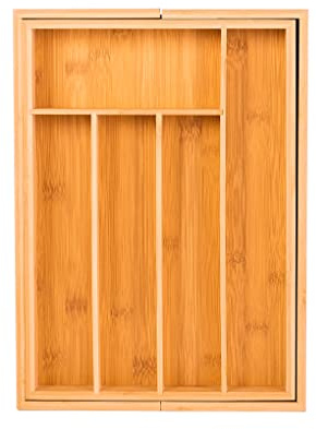 Innoteck Natural Bamboo Expandable Cutlery Tray – Adjustable Kitchen Drawer Divider for Silverware and Kitchenware with 5 to 7 Compartments