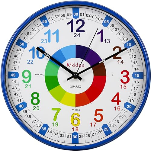 Kiddus Reloj de Pared Infantil para Aprender la Hora, Reloj Educativo con Agujas Escritas Hora y Minuto, Decoración Habitación Niños y Niñas, Silencioso, Pedagógico Números de para Escuela y Colegio
