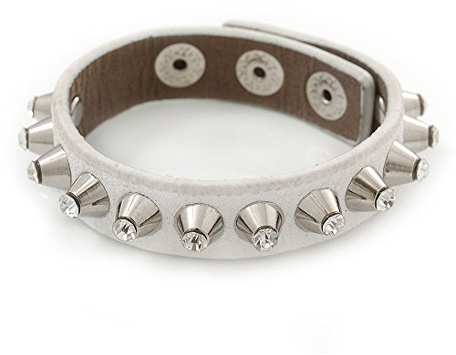 Avalaya Pulsera de piel sintética blanca con tachuelas de cristal (tono plateado), ajustable hasta 20 cm