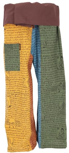 GURU SHOP Pantaloni da pescatore thai in cotone solido, patchwork, pantaloni da yoga, taglia unica, uomo/donna, multicolore, taglia: unica, Senape/multicolore, Taglia unica