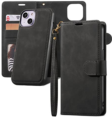 QLTYPRI Hülle für iPhone 13, Abnehmbare Magnetische Handyhülle Kartenfach Hülle Ständer Flip Klapphülle Schutzhülle Etui Kompatibel mit iPhone 13 - Schwarz