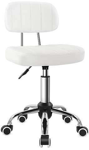 BFTOU Taburete giratorio cuadrado blanco con rueda para trabajo, spa, tienda, masaje, altura ajustable y rentable, silla con respaldo