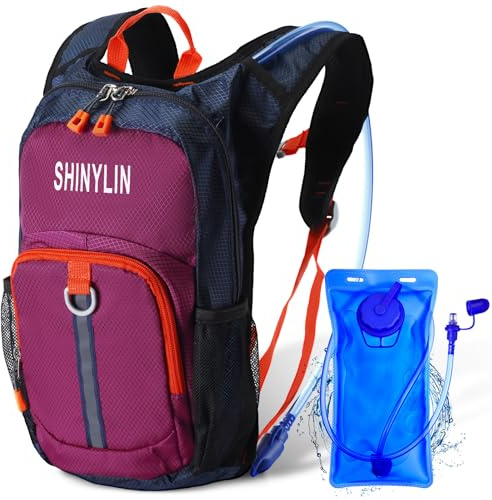 Shinylin 1 Pcs Kids Hydration Backpack with 1.5L Hydration Water Bladder Lightweight Water Backpack Hydration Pack, Purple, approx. 14.0 inches x 7.4 inches x 4.5, Compact