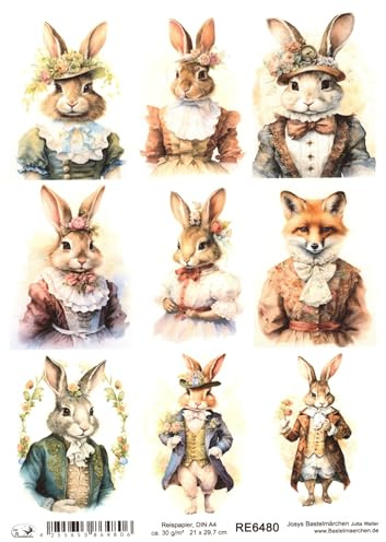 Josys Bastelmärchen Reispapier A4 Strohseide Decoupage Ostern Hase Häsin Vintage Kleid Anzug RE6480