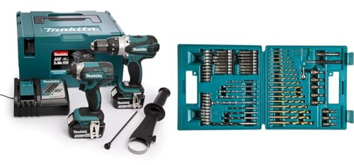 Makita DLX2145TJ 18V Li-ion LXT 2 Piece Combo Kit comprising DHP458Z and DTD152Z Complete with 2 x 5.0 Ah & B-49373 Drill and Screw Bit, 18 V, Blue, Set of 75 Piece