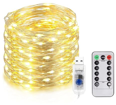 EvaStary 20M 200LED Guirlandes Lumineuses, Fil D'argent Guirlandes Lumineuses USB Alimenté avec Télécommande pour Chambre, Maison, Mariage, Arbre, Fête, Noël, Intérieur Extérieur IP65 - Blanc Chaud