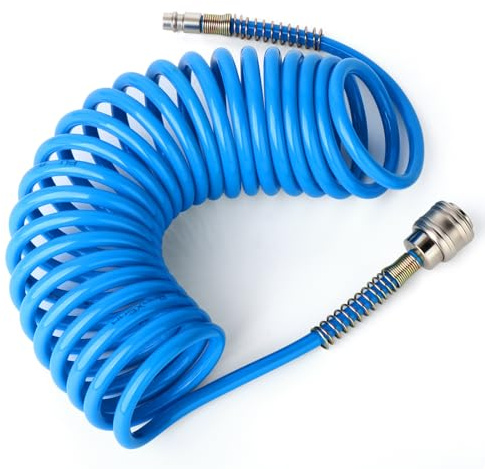ERGAOBOY 1Pcs PU 8mm 5m Blue Recoil Air Compressor Hose Pipe Fitting | Includes quick coupler, elastic self-recoiling design, flexible tube body, for pneumatic systems