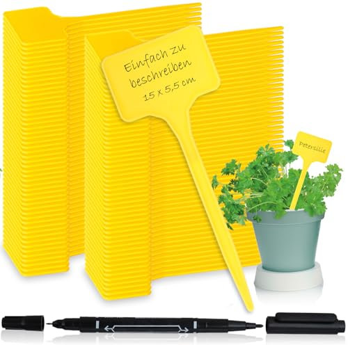 com-four® 100x Etichette per Piante con Pennarello a Doppia Punta - Etichette a innesto - Tappi per Piante per etichettatura - Tappi di Coltivazione per aiuole da 15 cm (100 Pezzi - Giallo - 15cm)
