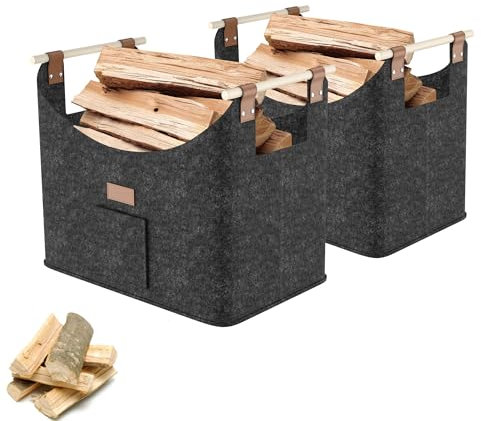 YRHome Lot de 2 paniers à bois de chauffage pour bois de cheminée extra épais - Grand sac en feutre pour bois de chauffage - Avec poignées en bois - Jusqu'à 40 kg - 50 x 32 x 40 cm - Gris foncé