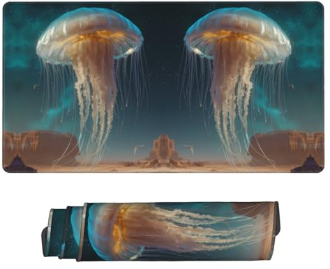 Large Gaming Mouse Pad - Giant Jellyfish in Desert Rubber Base Desk Mat, Desk Pad with Stitched Edges, Mousepad for Laptop, PC Keyboard Mouse Mat for Work Game Office 16x29.5in